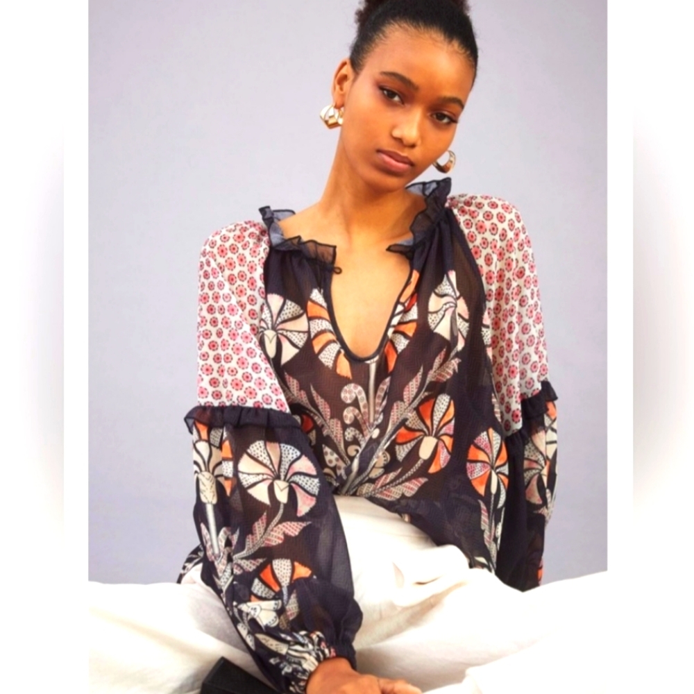 NWT ANTHROPOLOGIE FOREVER THAT GIRL RAGLAN PEASANT BALLOON SLEEVE SHEER BLOUSE L